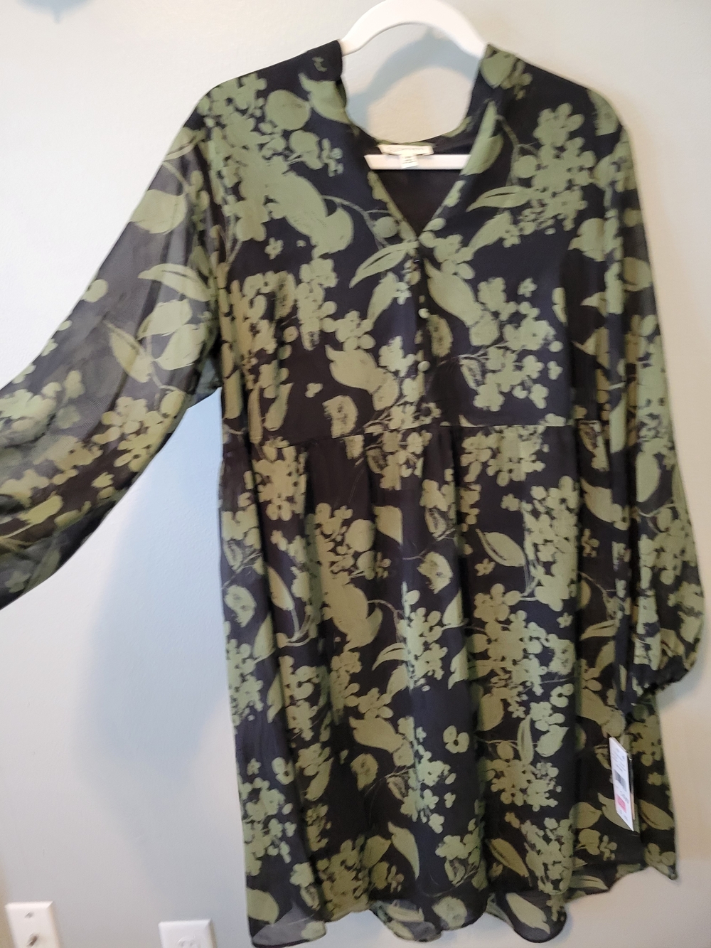 Black Long-Sleeve Dress with Olive Green Floral Print